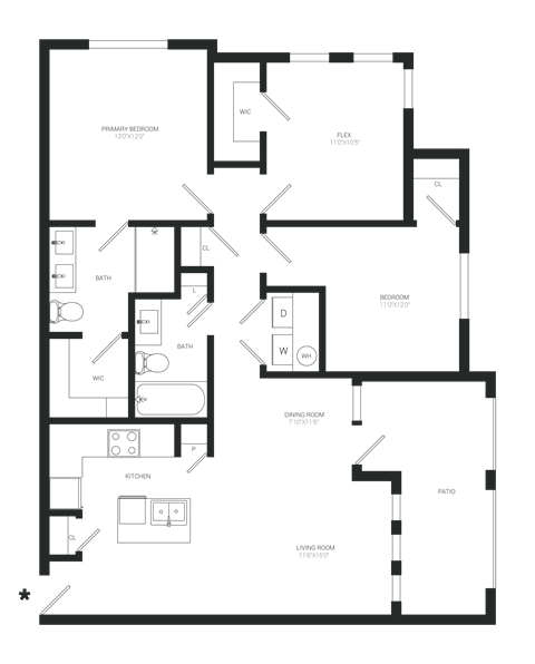 Floor plan for 3 beds, 2 baths, 1260 sqft